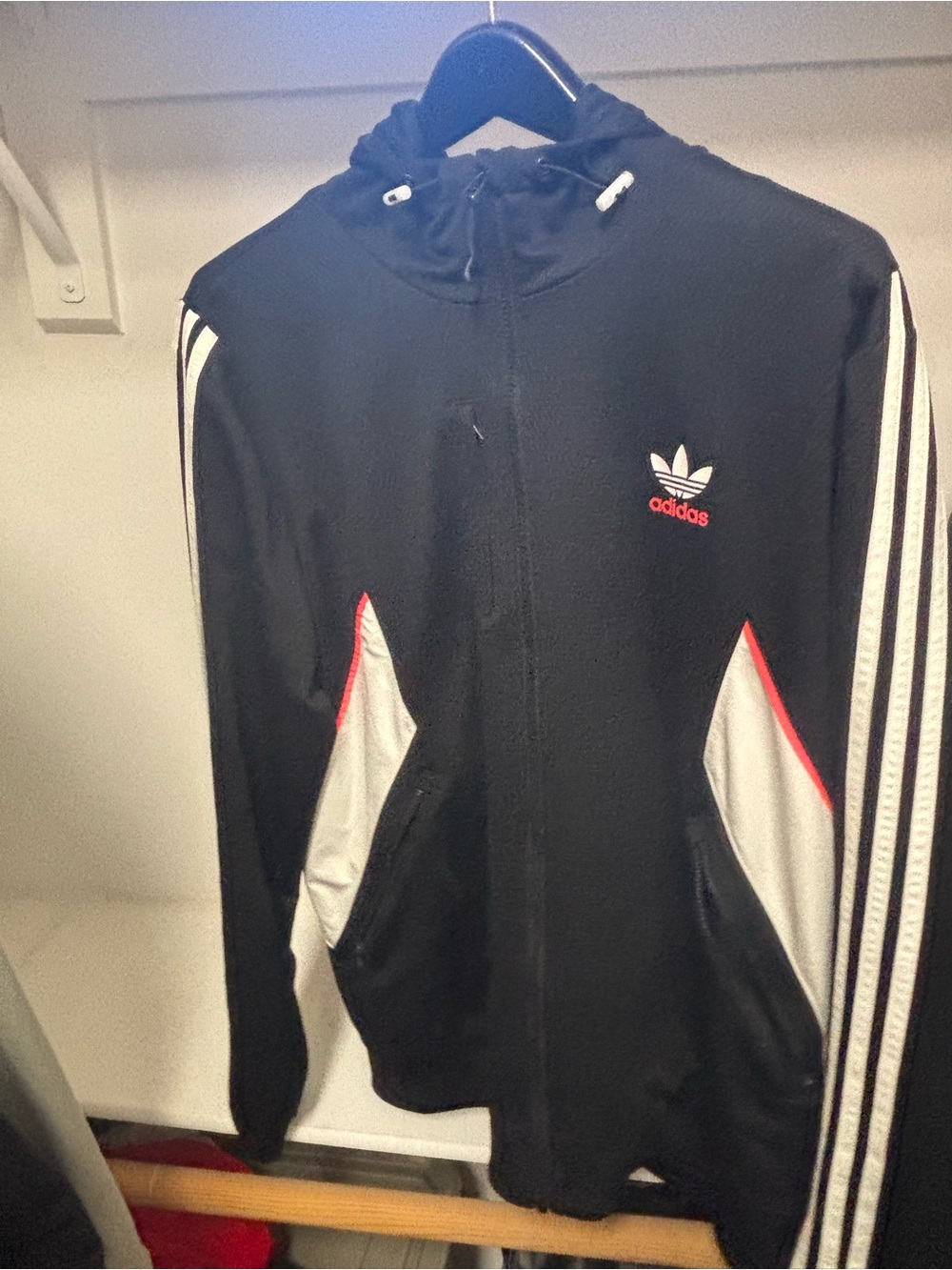 adidas Black Hooded Varsity Jacket with White Panels & Red Trim